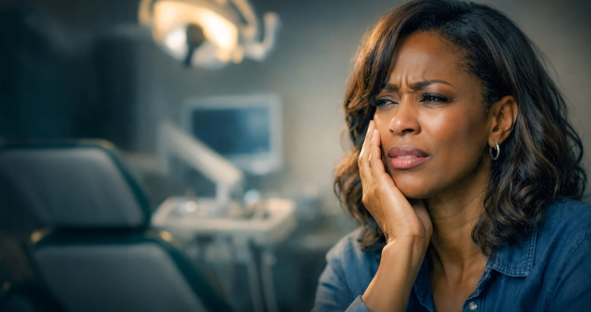 woman is siiting in dental pain in a dental office