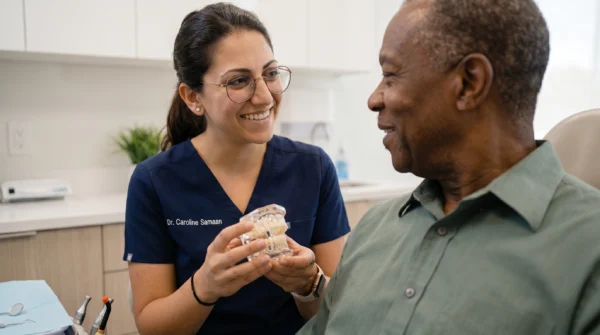 Dr Caroline Samaan showing model to patient
