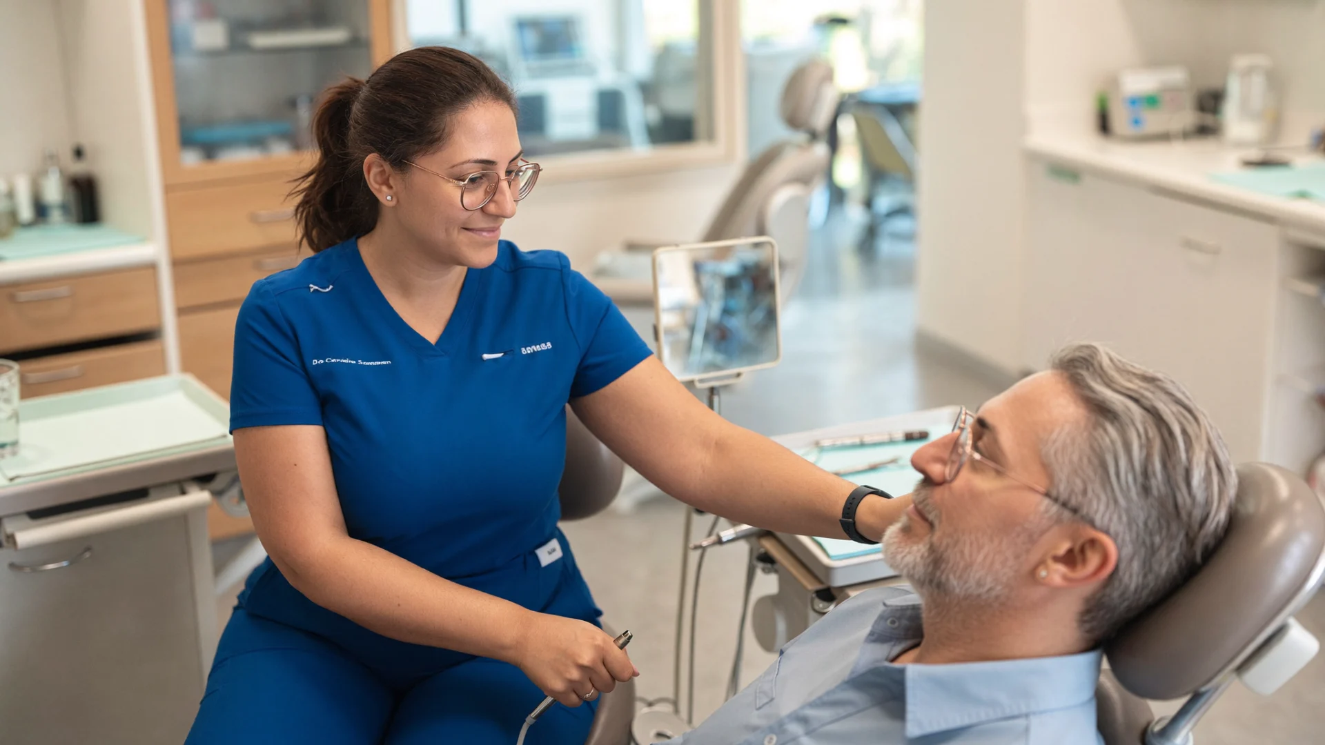Dr Caroline Samaan with patient in clinic