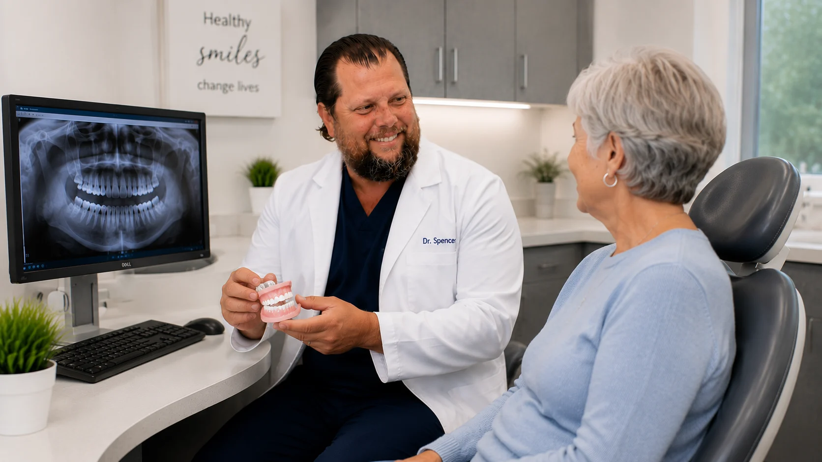 Dr. Craig Spencer with Senior Patient showing model.