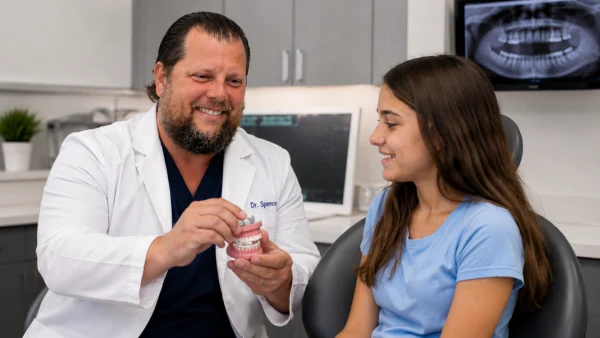 Dentist showing model to patient.