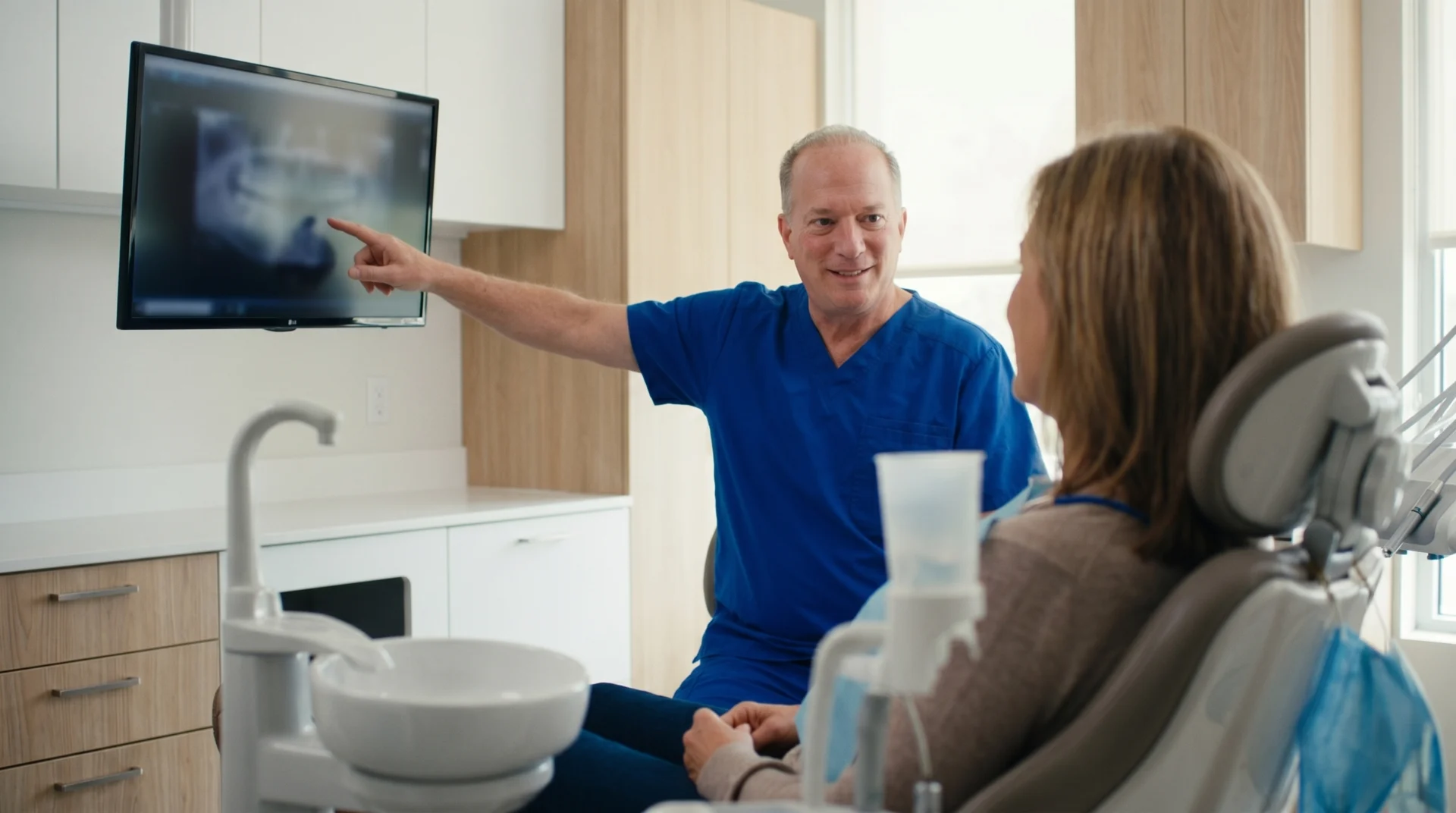 Dentist discussing X-ray with patient