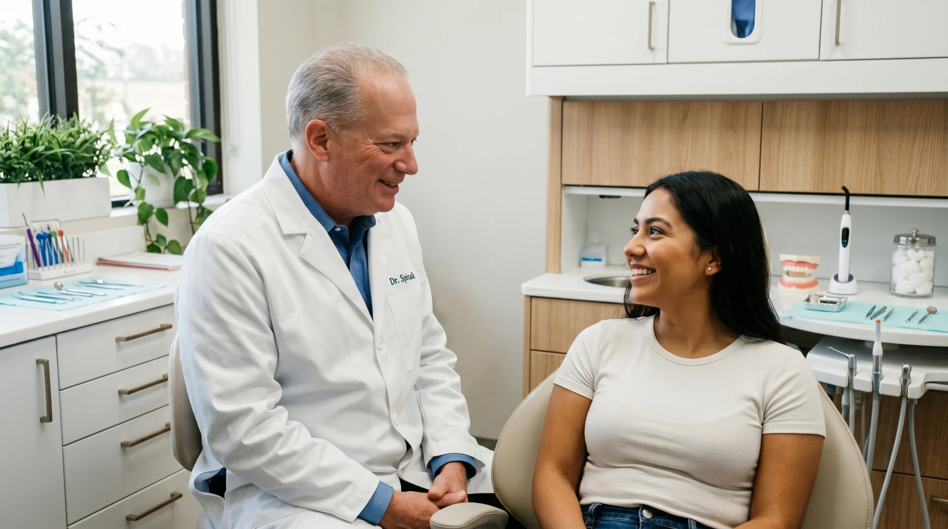 Dr. Spivak conversing with patient happily