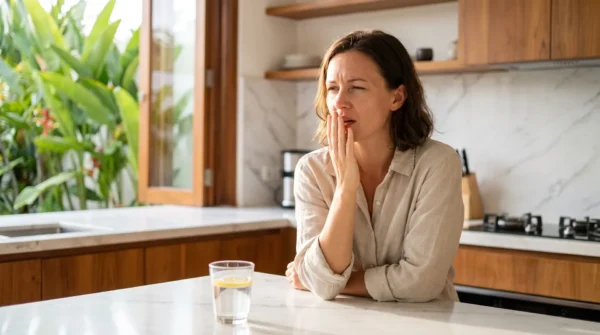 Woman checking her breath in a bright kitchen