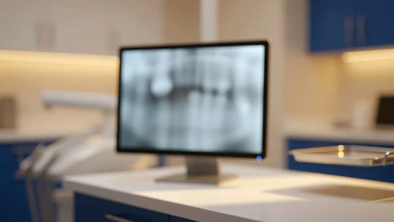 A glowing digital screen showing indistinct diagnostic imagery sits within a softly lit clinic. The shallow depth of field creates warm bokeh patterns, contrasting against subtle blue architectural accents in the background.