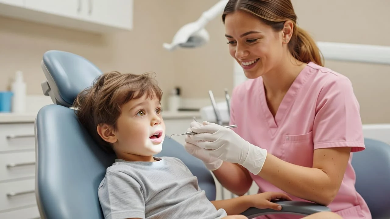 A smiling dental hygienist holds a gentle tool while a calm young child sits in a clinical chair. Soft overhead lights illuminate the clean, modern office during this positive appointment.