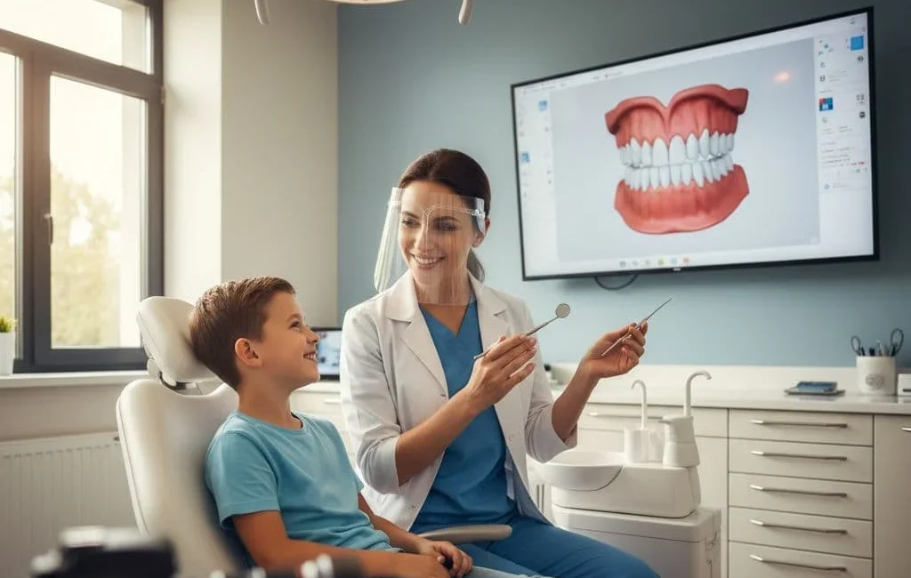 Dentist consulting child about braces