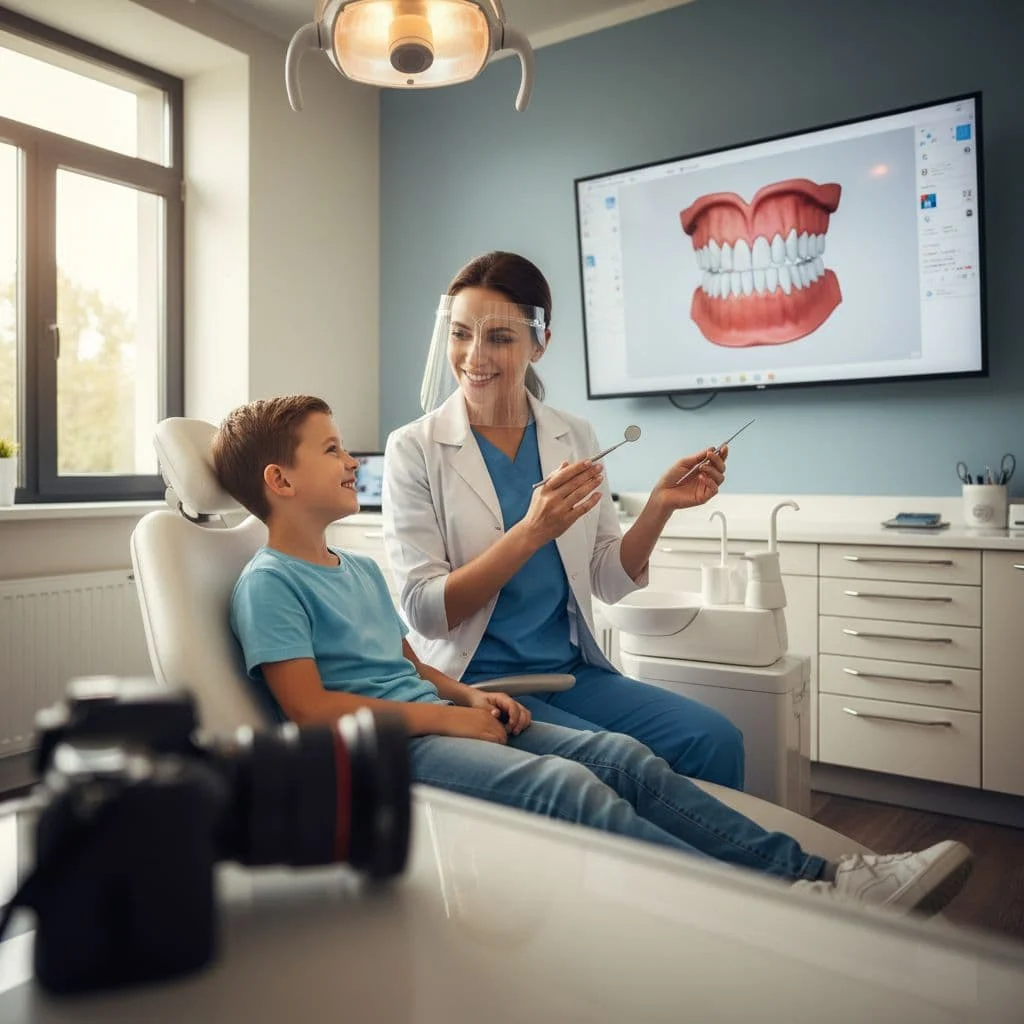 A young child sits in a modern dental chair while consulting with a friendly orthodontist.