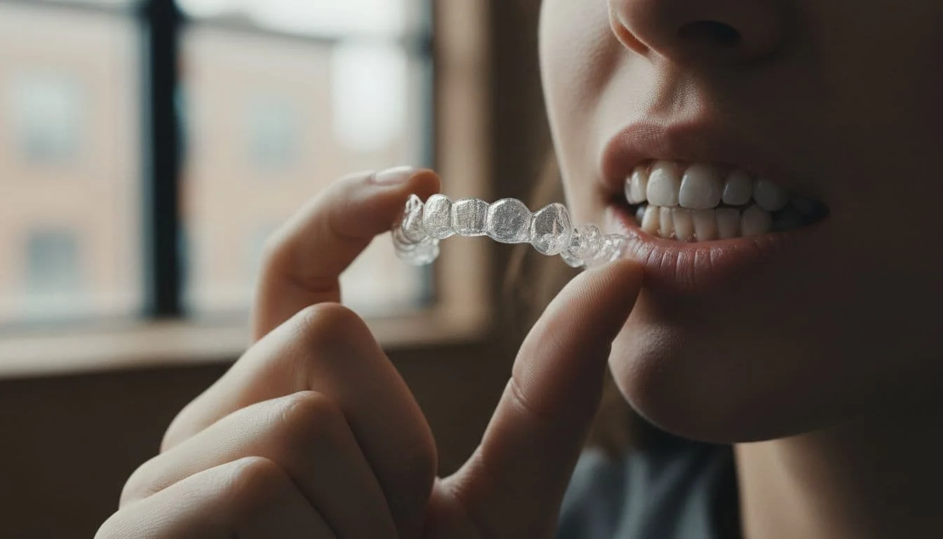 A person holds a transparent clear aligner tray near their teeth for a close-up lifestyle view.