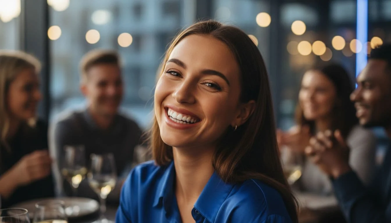 A person with a bright, confident smile engages with others in a warm, sunlit social setting. A rich blue accent color enhances the cinematic composition, highlighting their approachable and radiant expression.