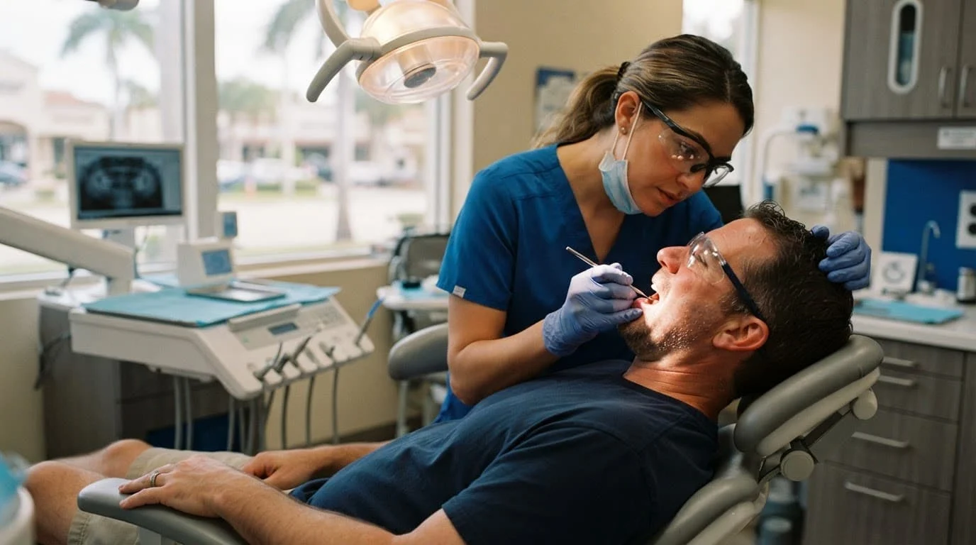 A dentist examines a patient in a modern clinic with blue accents.