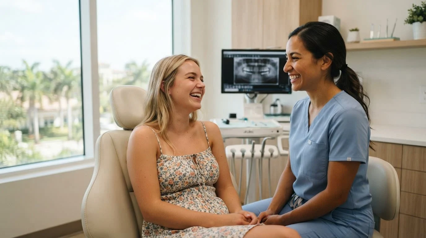 Dentist and patient smiling together in a bright modern dental office.