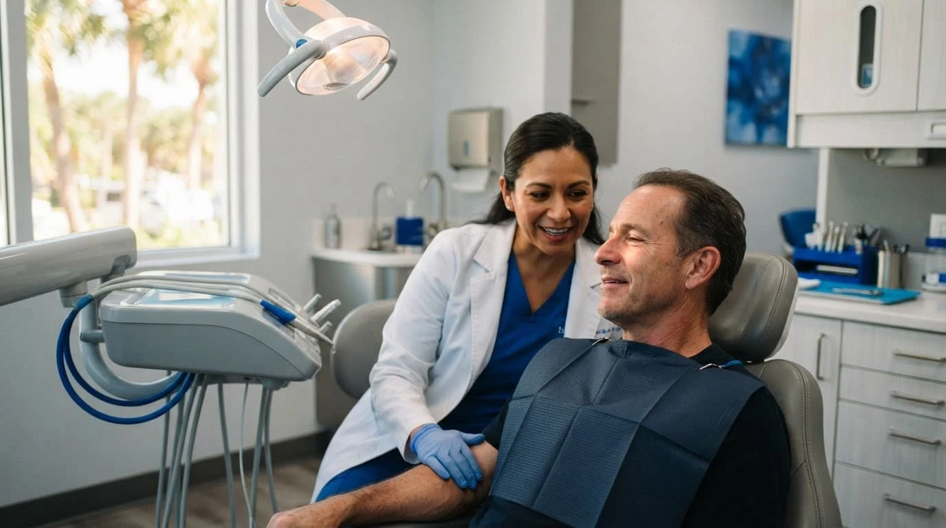 A dentist comforts a patient in a warmly lit modern dental office.