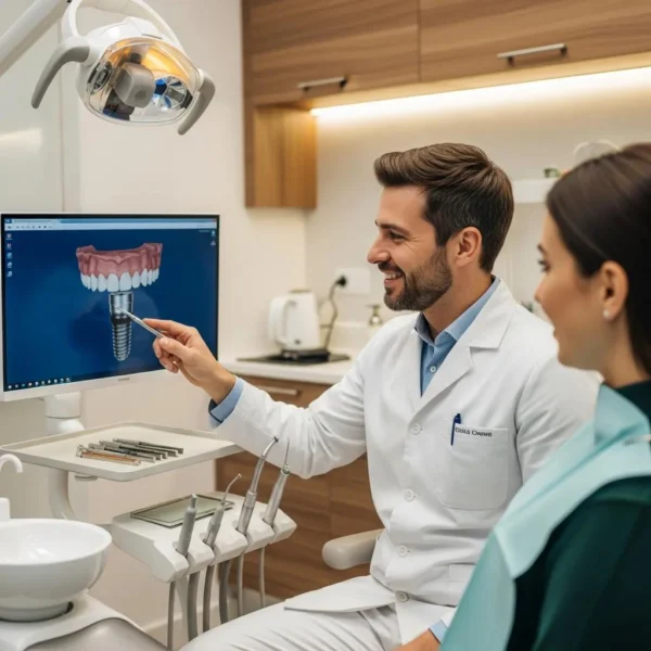 Dental consultation scene with a dentist explaining dental implants to a patient in a modern clinic