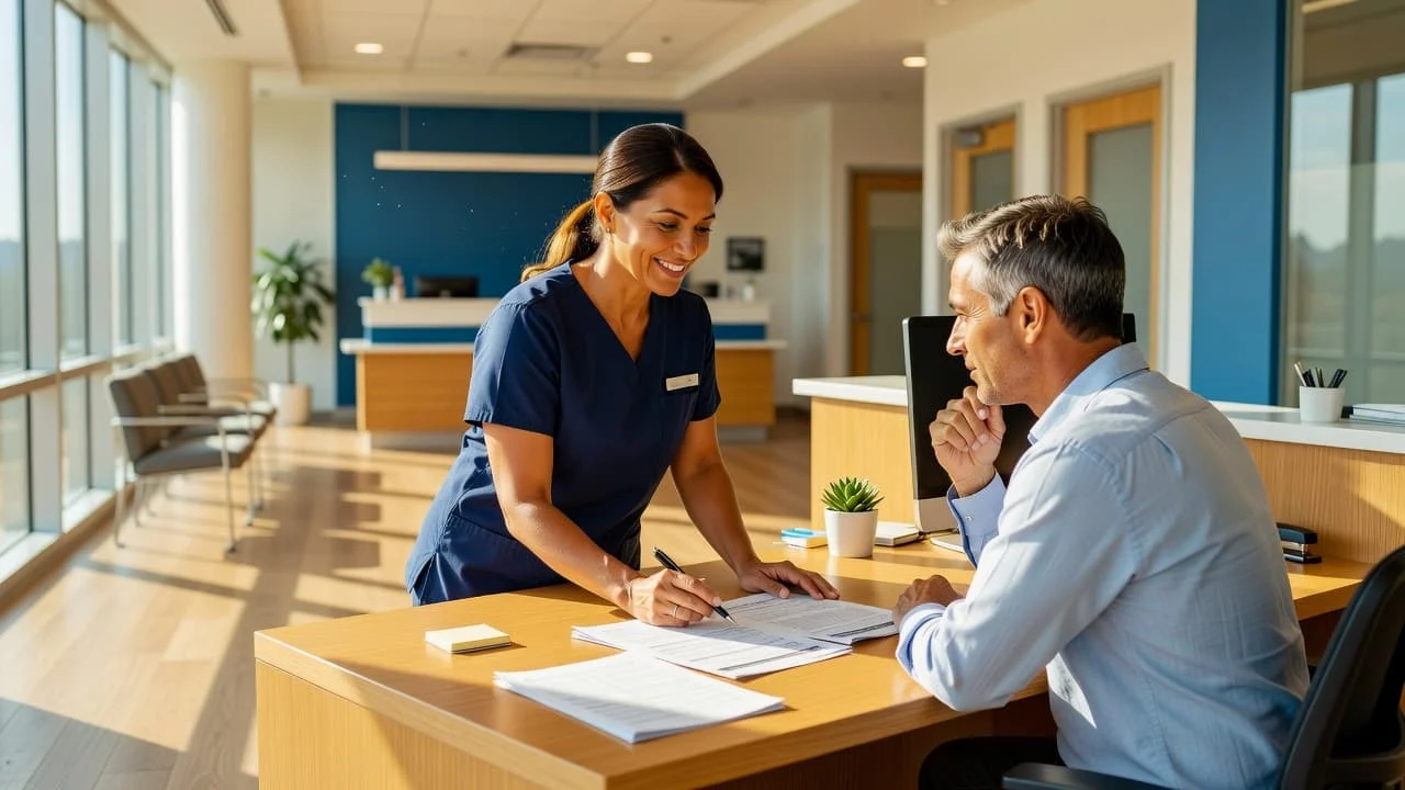 A smiling dental receptionist in blue scrubs helps a patient navigate insurance paperwork at a brightly lit reception desk. Warm office lights highlight the professional interaction within the modern clinic space.