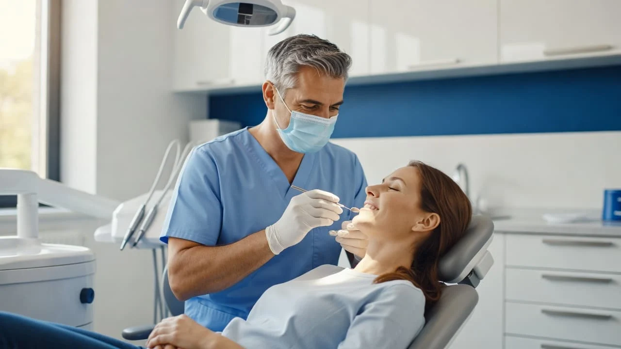 A dentist examines a patient in a modern, blue-accented clinical office.
