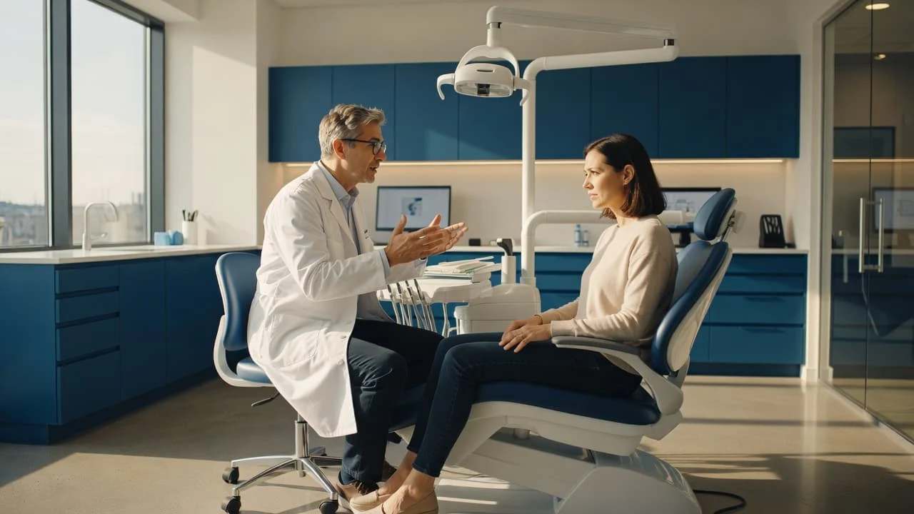 A dentist sits in a vibrant office, gesturing while explaining a procedure to a seated patient. Soft blue accents complement the warm lighting, creating a professional atmosphere for sensitive dental discussions.