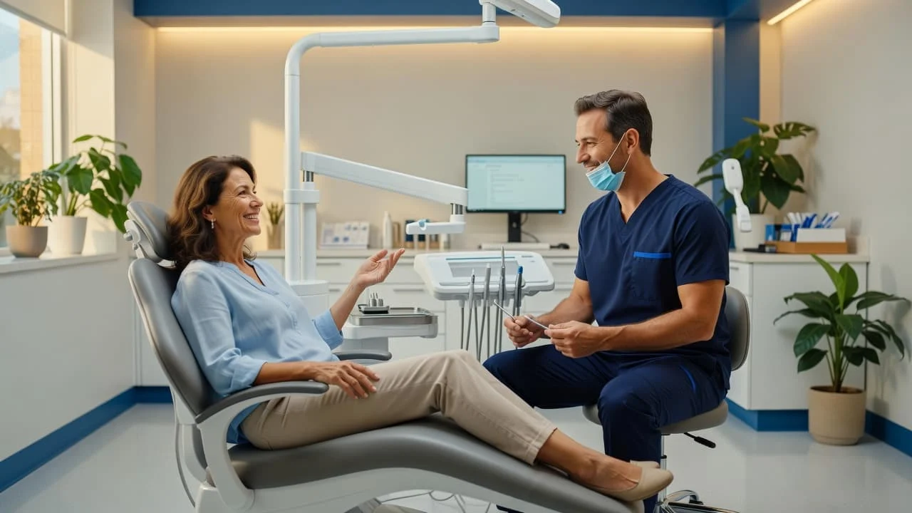 A professional dentist sits in a comfortable modern clinic chair, smiling while explaining a treatment plan to a relaxed patient. Blue accents decorate the clean room under soft, warm ambient lighting.