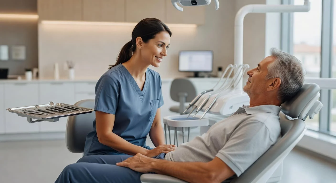 A calm dentist in modern scrubs leans toward a patient, engaging in a gentle conversation within a bright, clean office. Stainless steel tools rest neatly on a nearby tray under soft light.