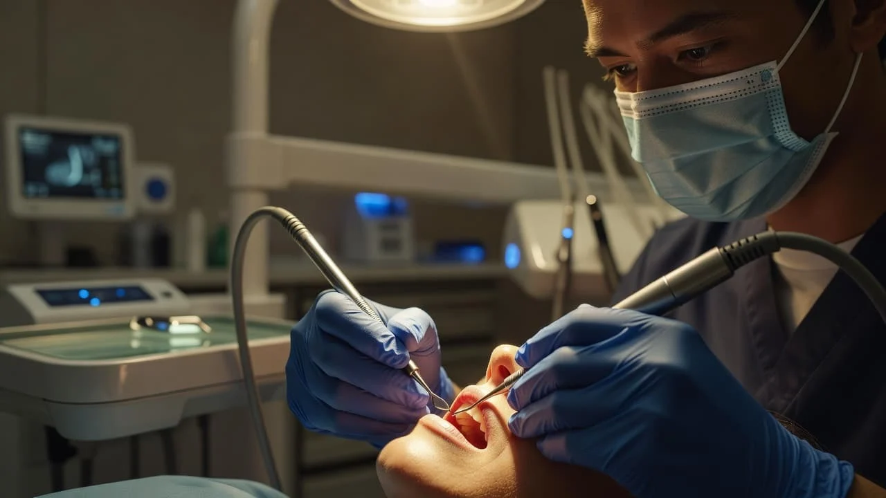 A dentist focuses on a patient using precise metal instruments for a periodontal procedure. Warm overhead lights illuminate the sanitized dental chair and blue-accented clinical tools with sharp, realistic detail.