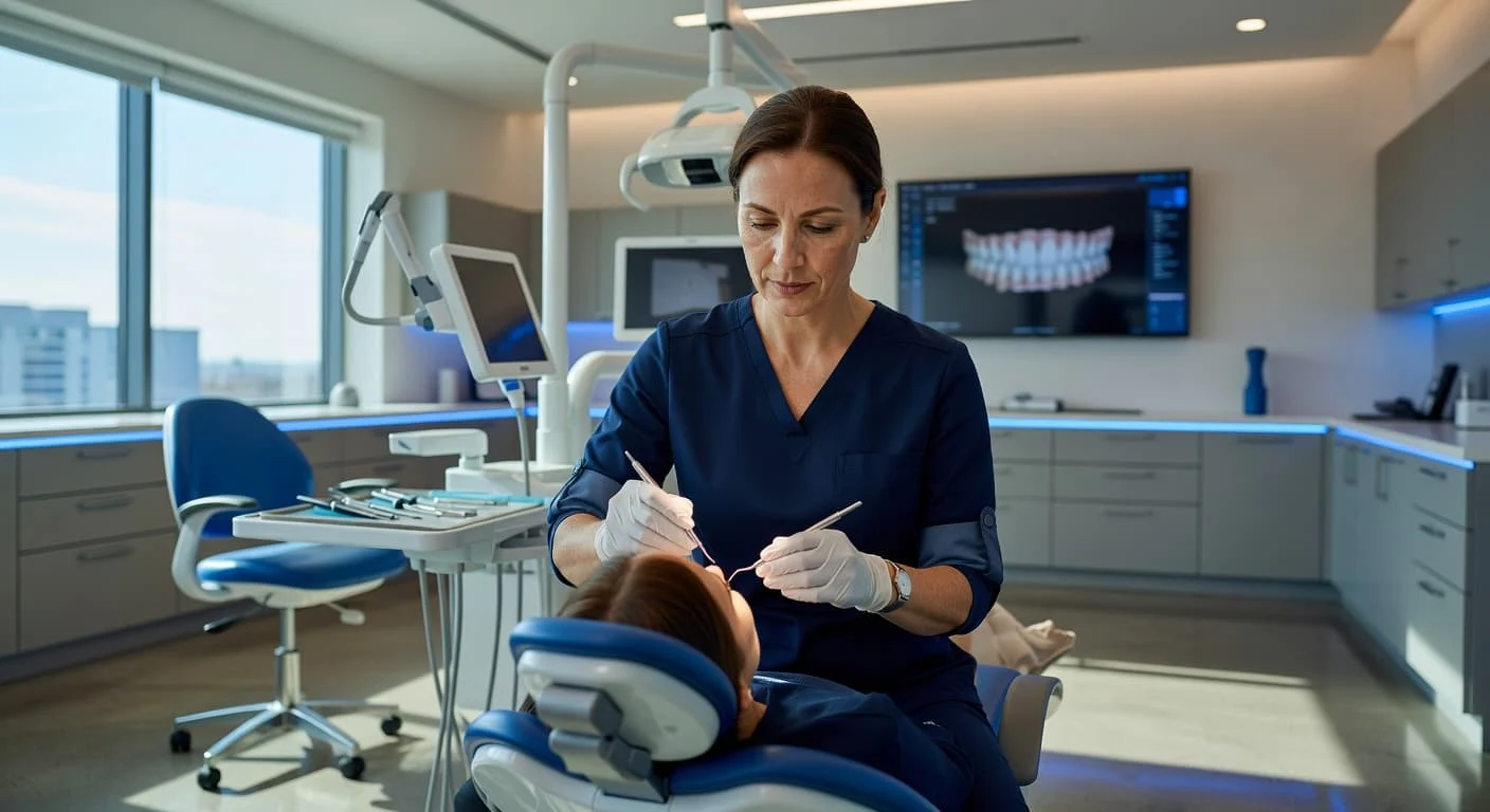 A focused dentist wearing scrubs holds a dental instrument while interacting with a patient. Blue accents decorate the sleek, contemporary office space as warm lighting highlights their professional and precise movements.