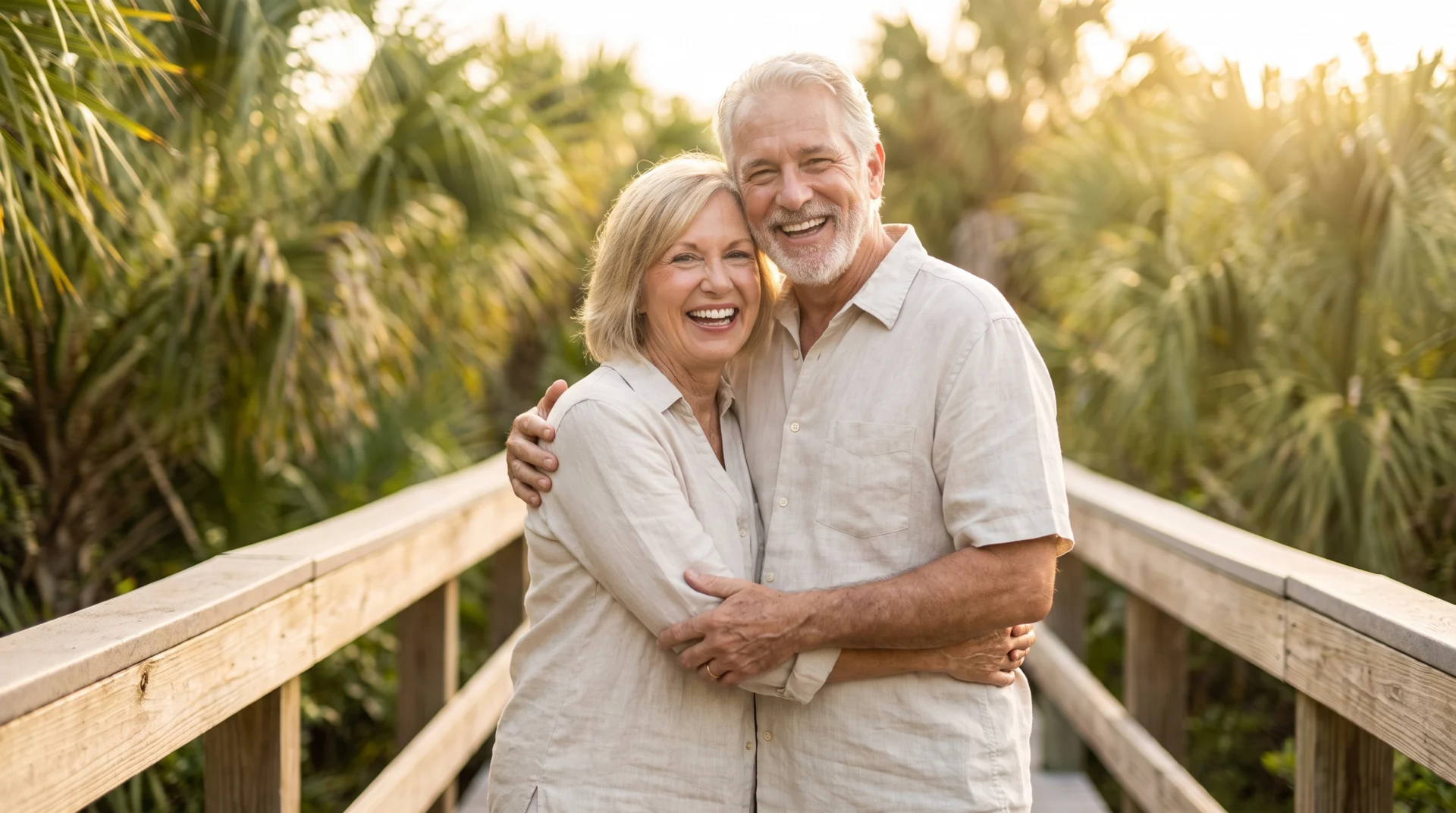 Happy senior couple with natural-looking dentures smiling outdoors in South Florida