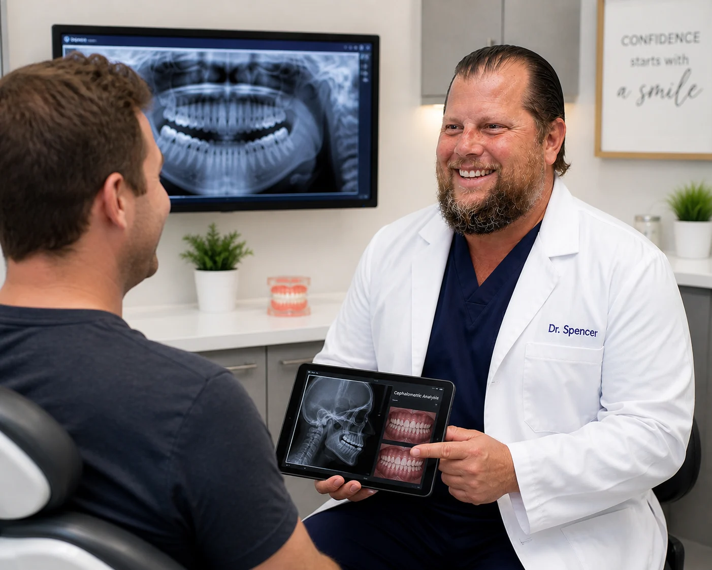 Dr Craig Spencer consulting with male patient at SEDA Dental