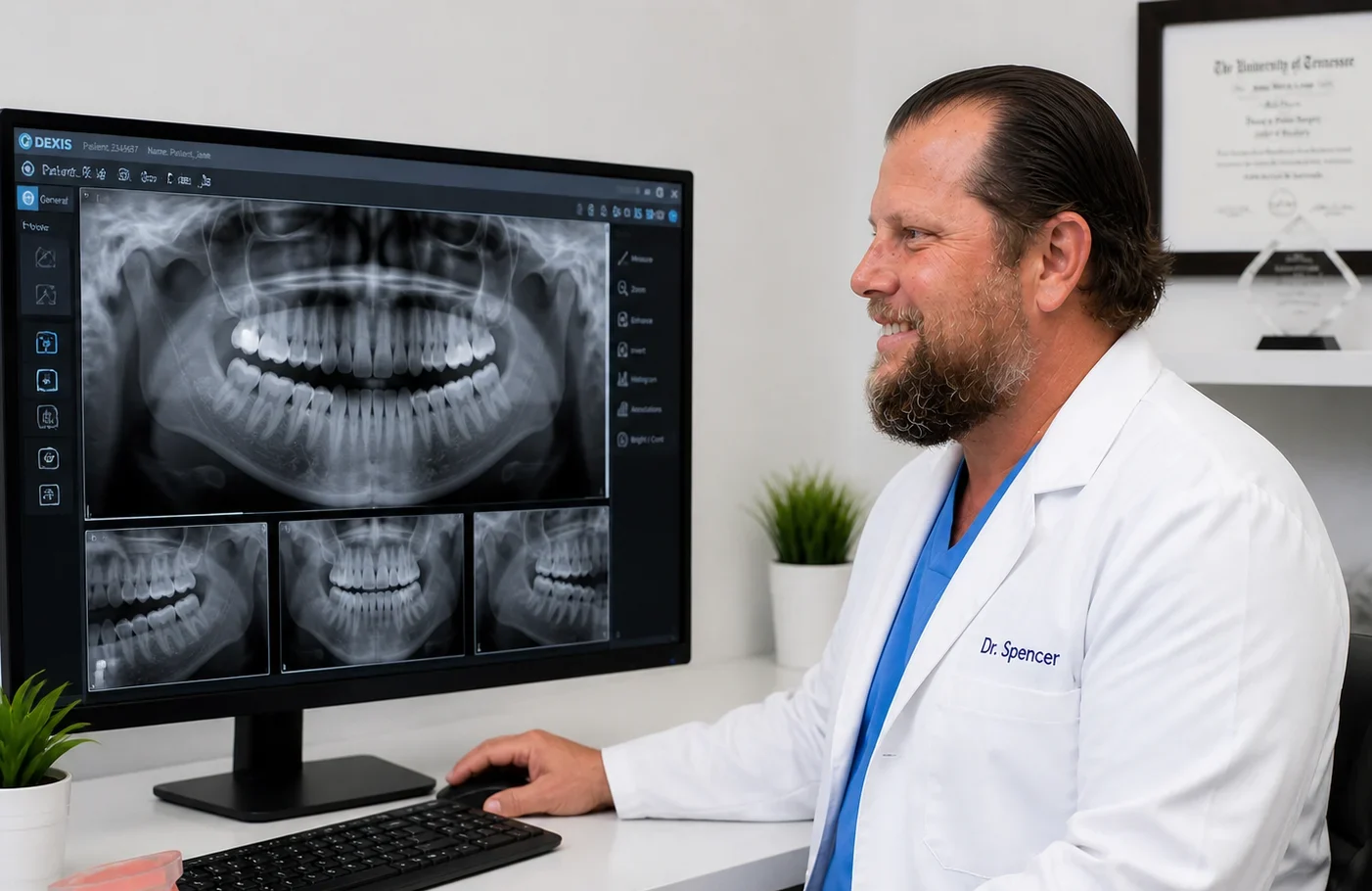 Dr. Craig Spencer reviewing orthodontic X-rays during a consultation