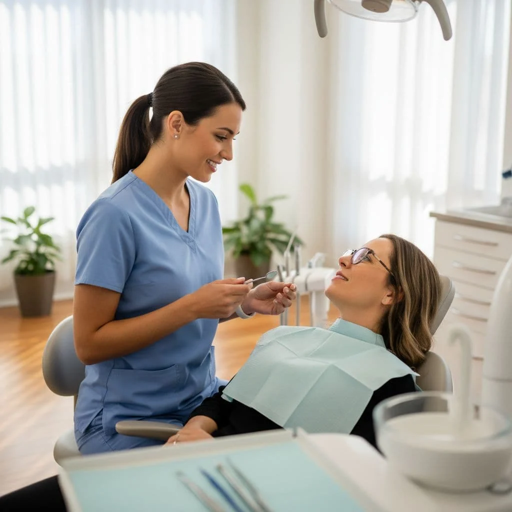 A patient receives a dental tooth cleaning from a hygienist in a bright Pompano Beach office.