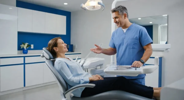 A friendly dentist and a smiling patient having a natural conversation in a modern dental office.