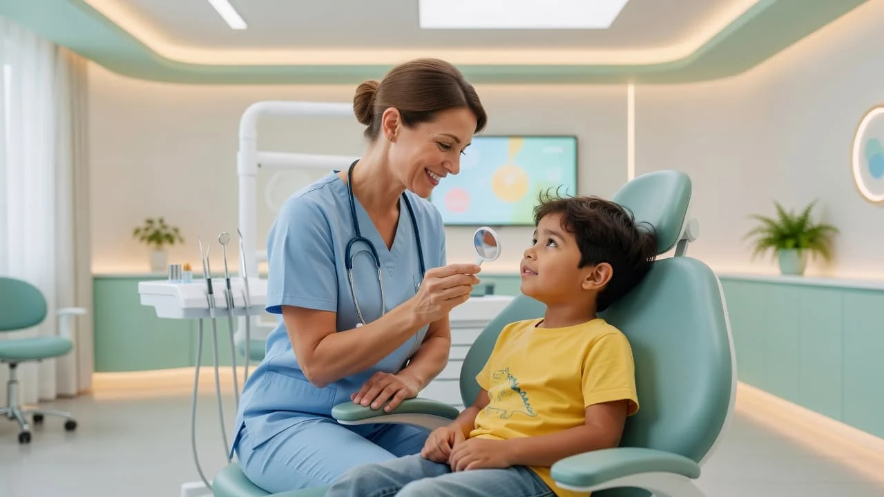 A smiling dentist holds a small mirror to show a young patient their teeth inside a bright, modern office. The child sits calmly in a chair during the clinical consultation.