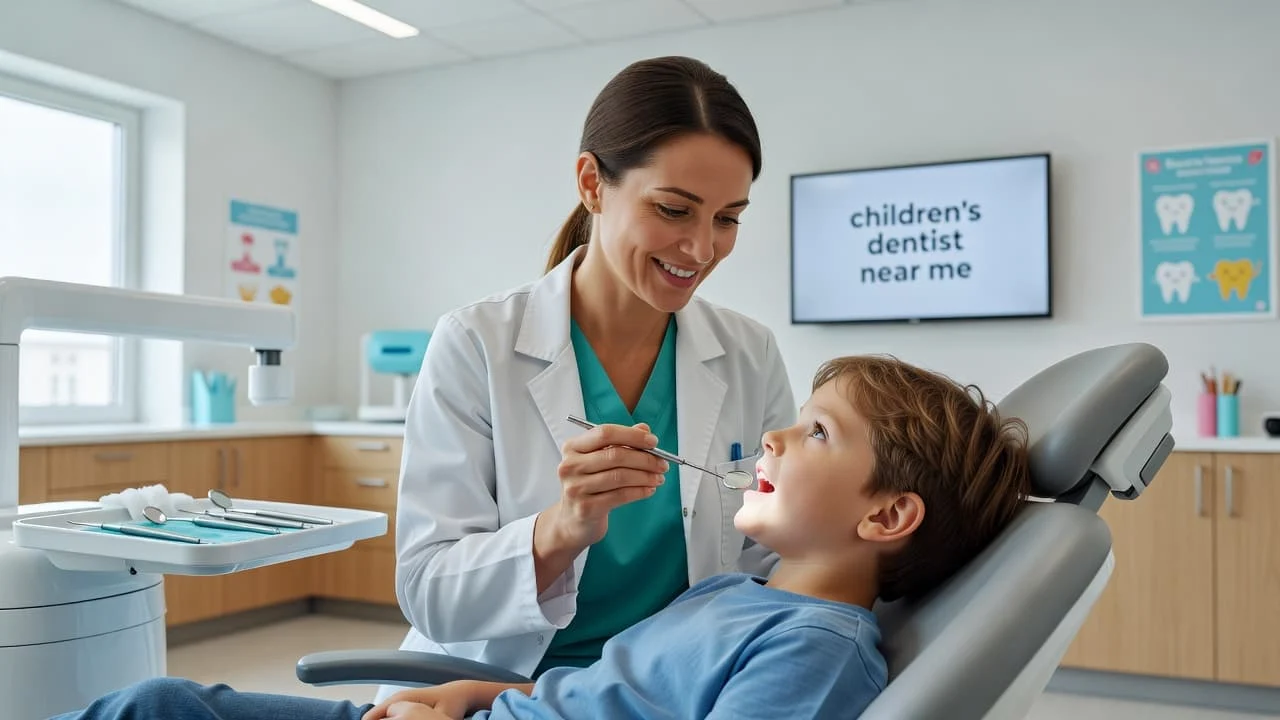 children's dentist near me, a gentle dentist checks a young patient's teeth in a calm modern exam room