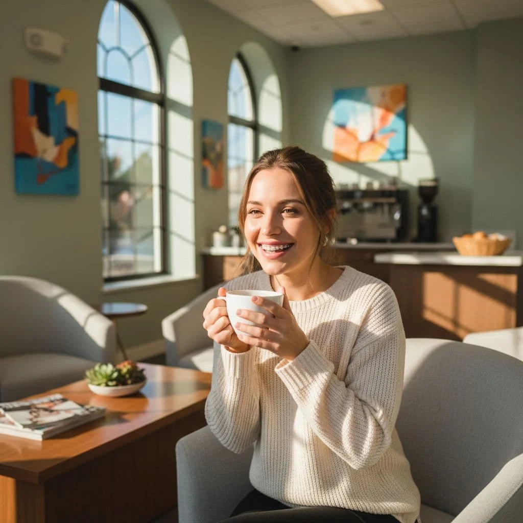 A smiling woman sits comfortably in a plush lounge chair within a bright dental office, holding a warm mug of coffee. Her clear, natural teeth are visible as she enjoys the drink.