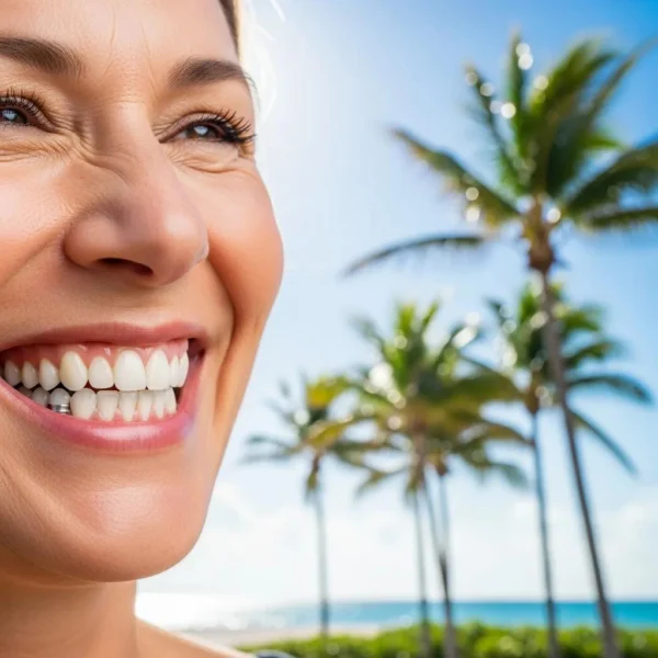 Happy patient showcasing dental implants with a sunny South Florida backdrop