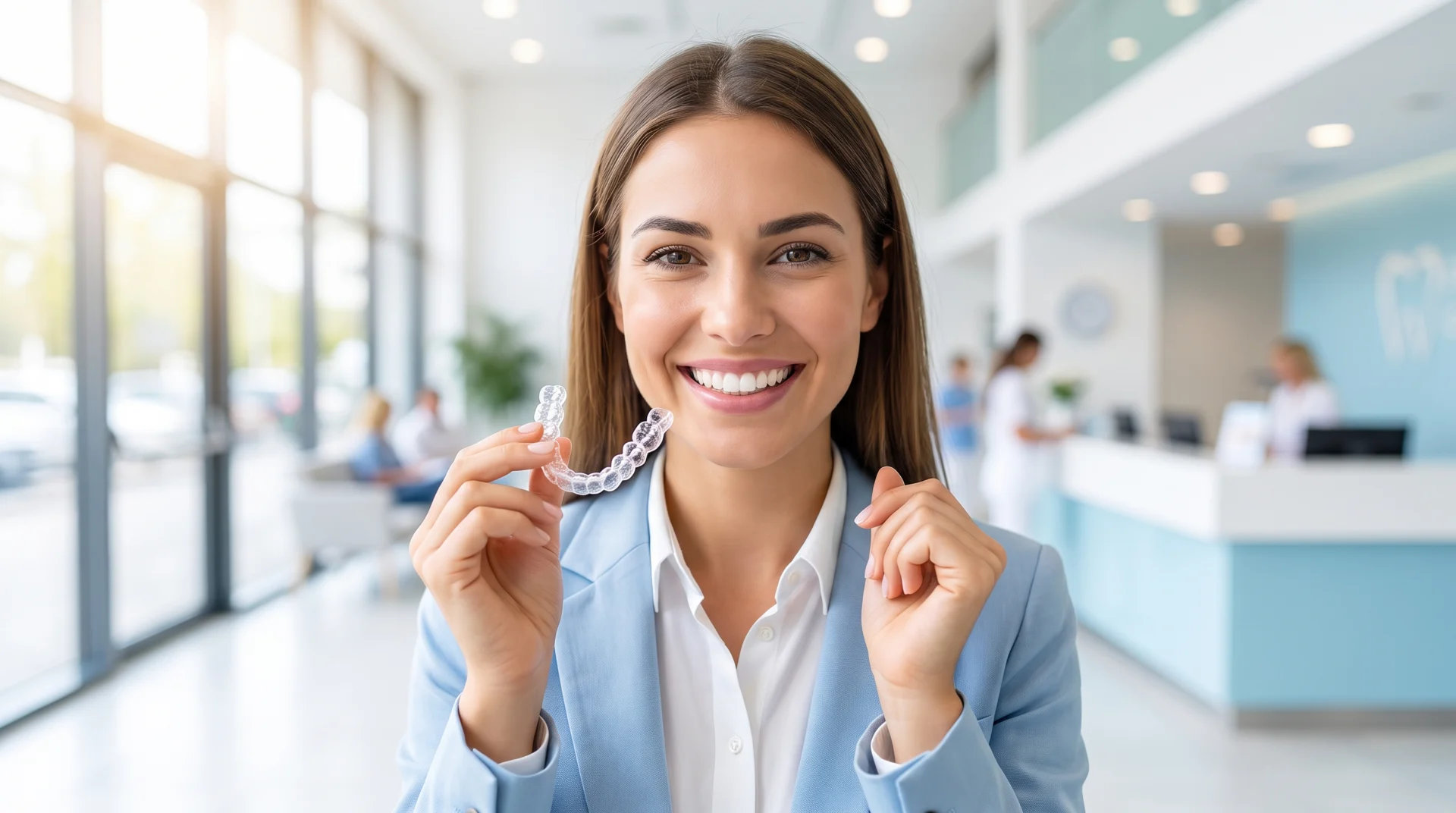 Woman holding an Invisalign clear aligner at a South Florida dental office