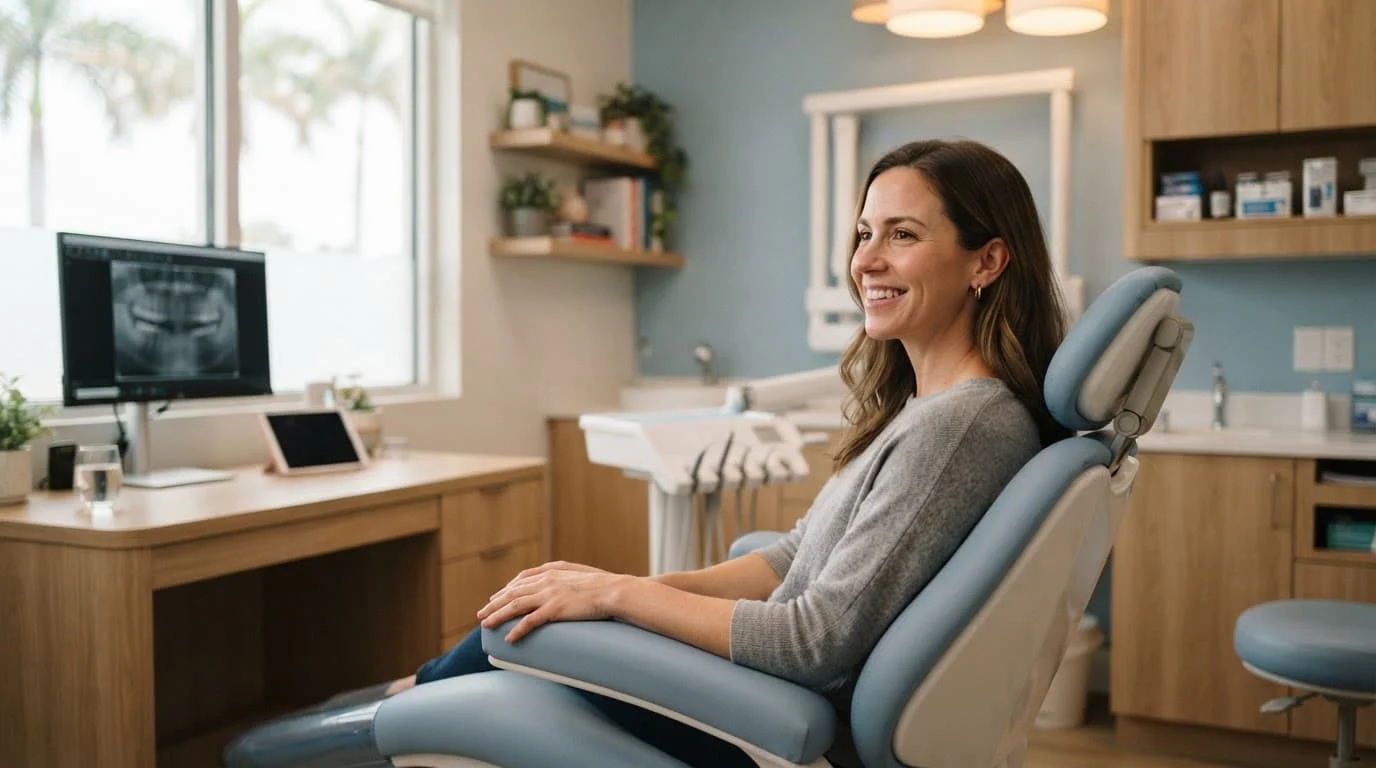 A relaxed patient sits in a dental chair inside a softly lit modern office.