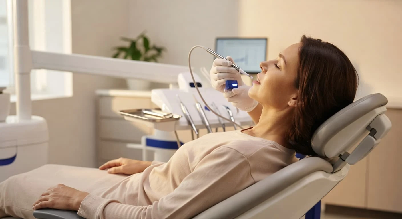 Patient receiving in-office whitening while considering how long does teeth whitening last after treatment