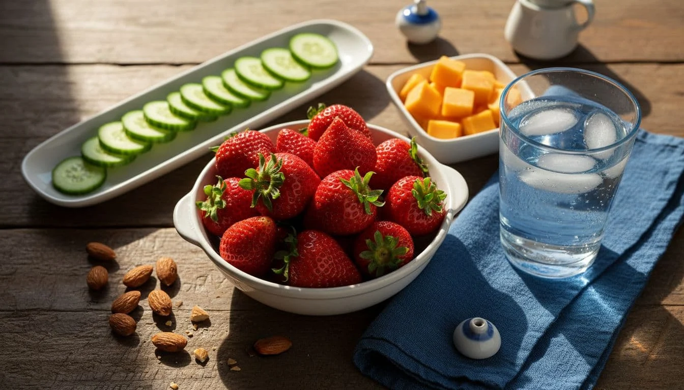 Foods for healthy teeth, including strawberries, cheese, cucumbers, almonds, and water on a wooden table.