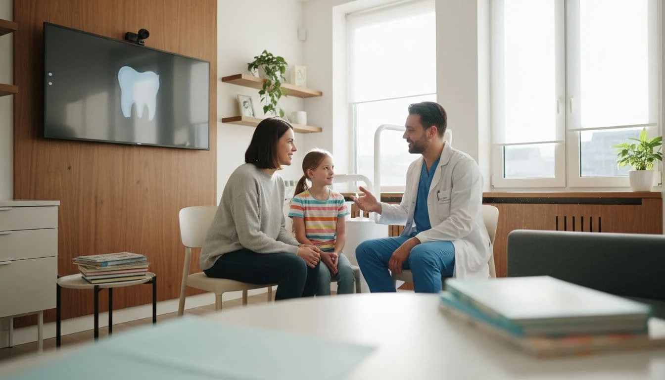 A parent and child sit in a modern office having a conversation with their professional dentist.