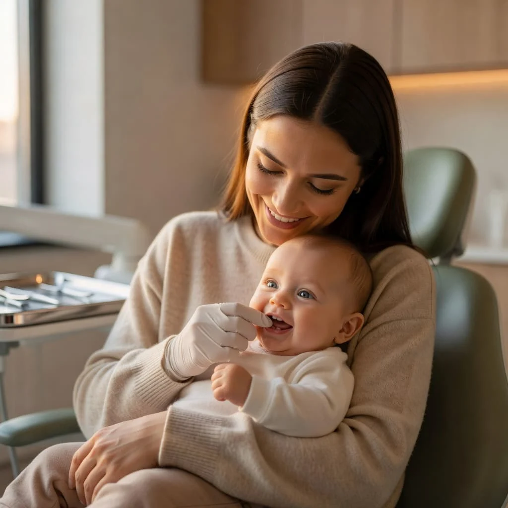A parent cradles a small infant securely in their arms while sitting inside a bright, modern dental office. Soft ambient light illuminates the clean clinical setting and their gentle facial expressions.
