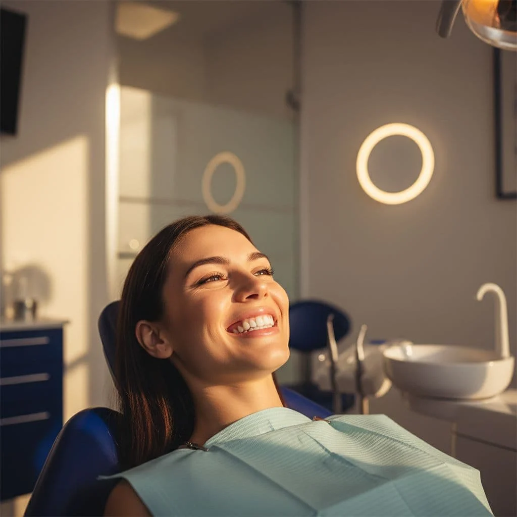A close-up shot captures a person with a bright, genuine smile sitting in a modern dental chair. Warm ambient light highlights their teeth against a deep blue professional office backdrop.