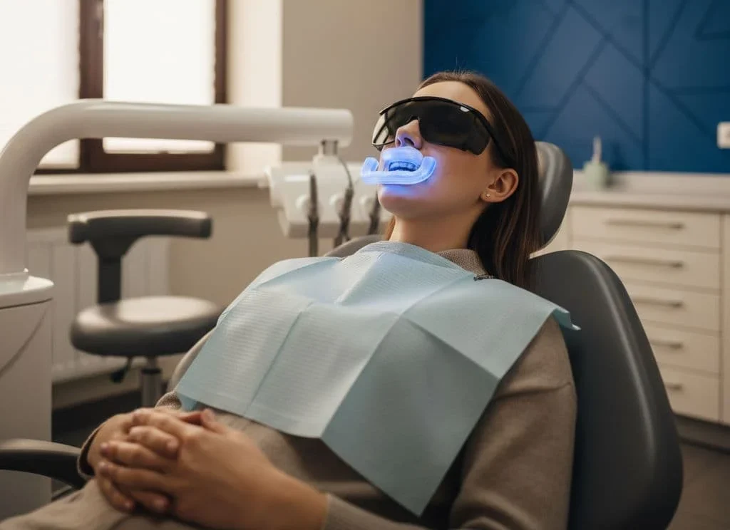 A patient relaxing in a dental chair during a professional whitening treatment.