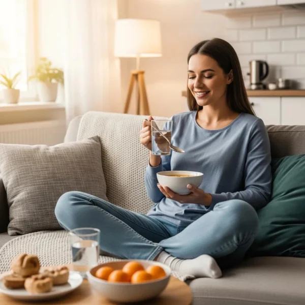 Patient recovering at home after dental implant surgery, enjoying a soft food diet