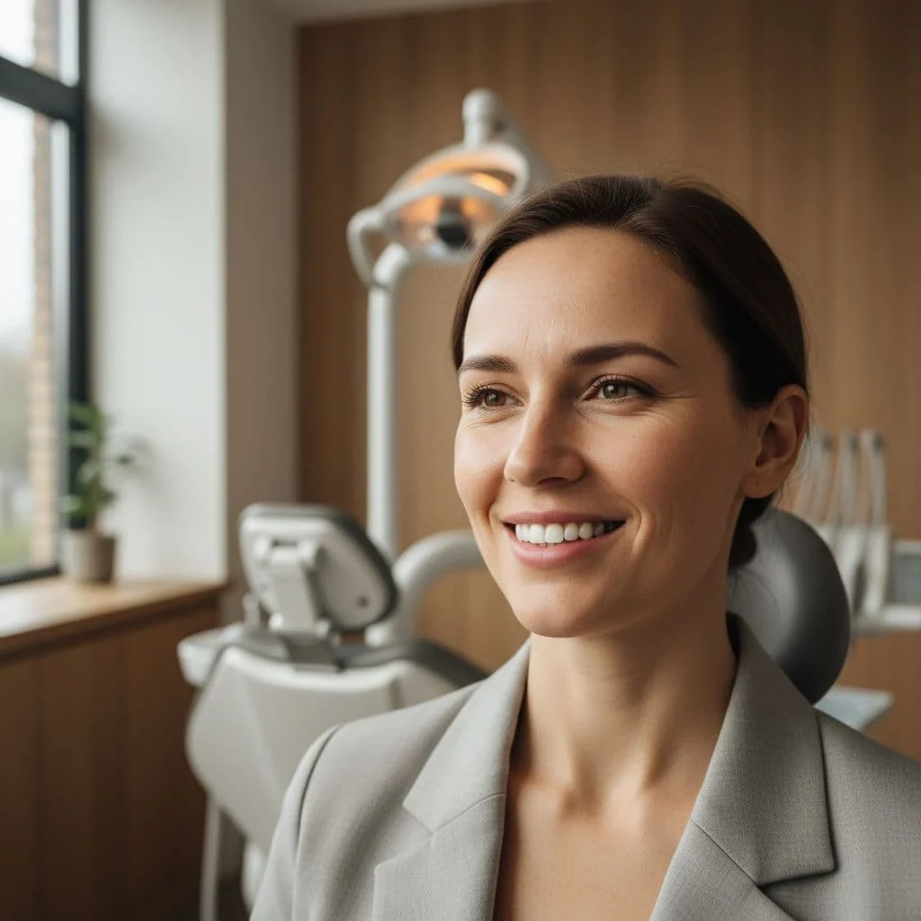A person smiles naturally in a modern dental office while wearing transparent teeth aligners.