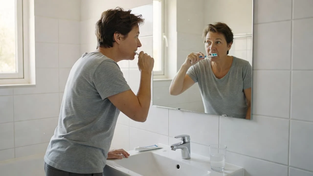 A person stands in a bright, modern bathroom while brushing their teeth in front of a mirror. Sunlight illuminates the tiled walls and reflective surfaces during this authentic morning hygiene routine.
