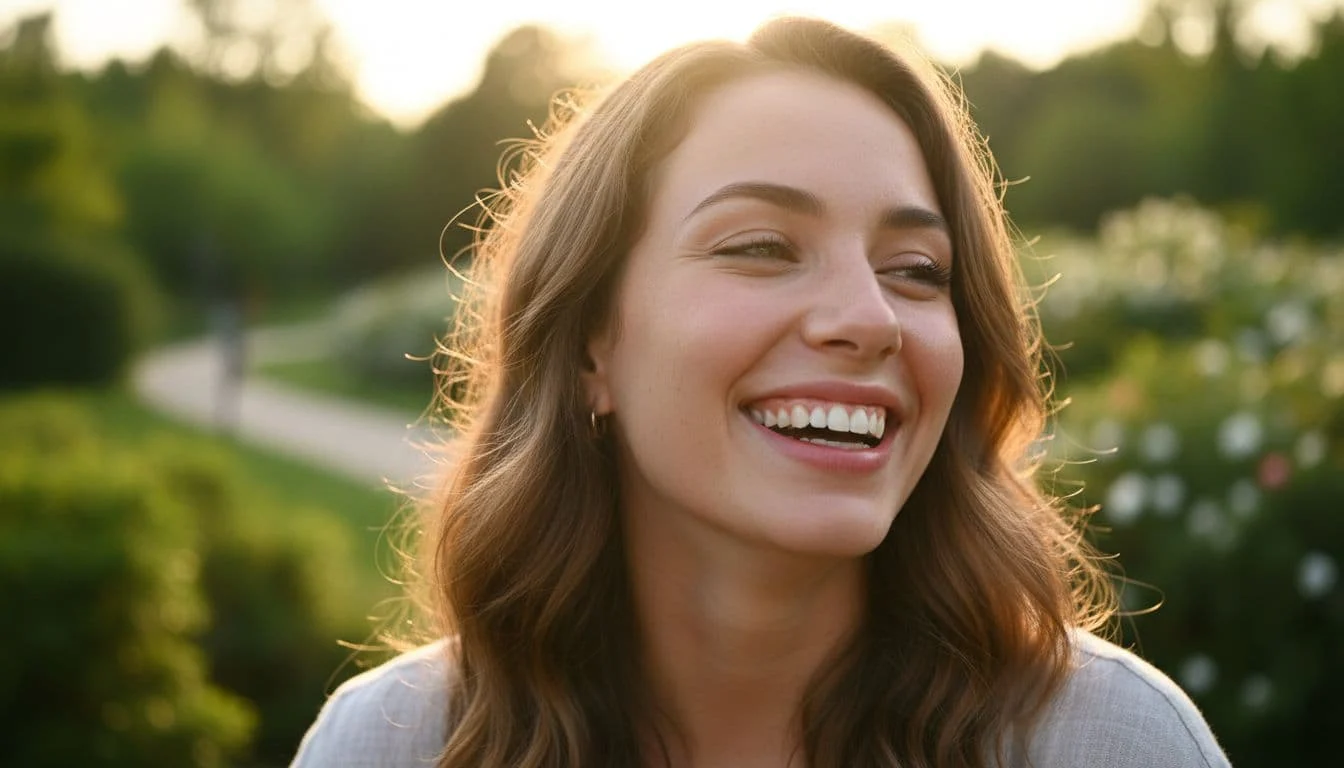 A person with a bright, genuine smile stands outdoors in warm, natural sunlight.