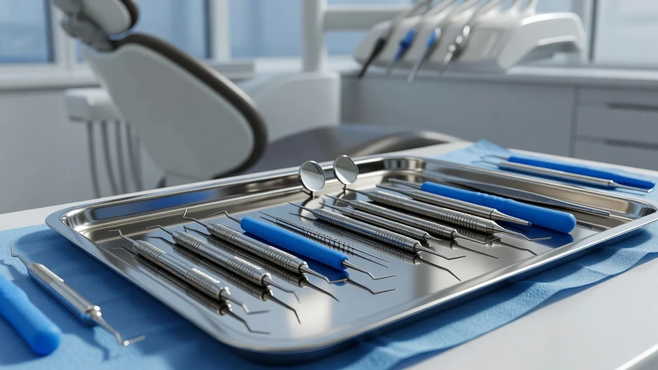 Sharp endodontic instruments rest on a polished stainless steel tray, highlighting metallic textures and surgical precision. Soft ambient blue light reflects off the clean surfaces within a sterile dental office environment.