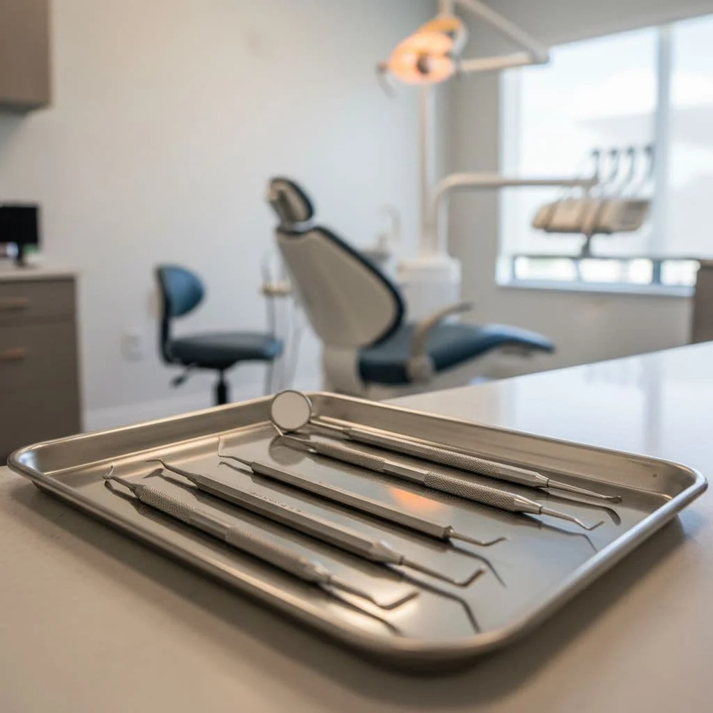 A set of sterile dental cleaning instruments arranged neatly on a metal tray in a clinical office.