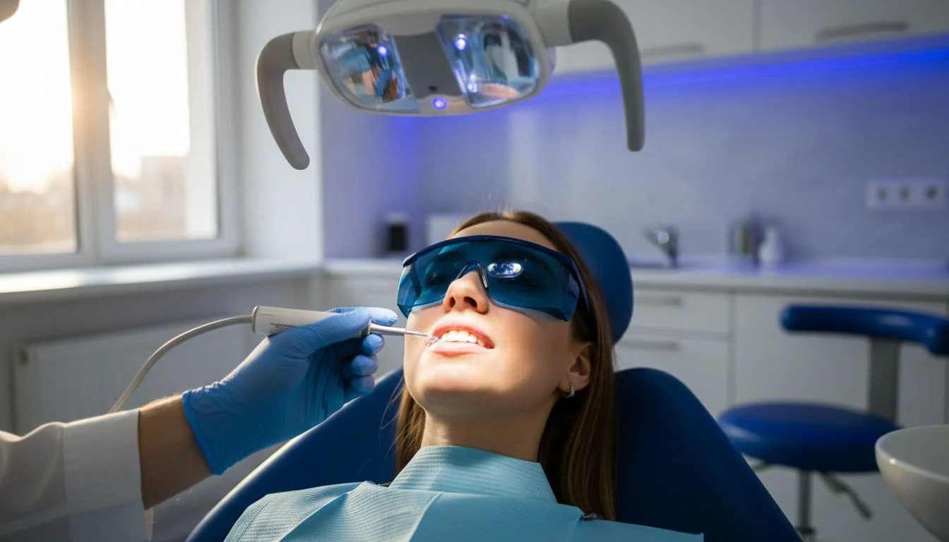 A dentist uses a precise applicator to brush whitening gel onto a patient's smile within a clean clinic. Bright natural light illuminates the blue clinical surfaces and sophisticated dental equipment.