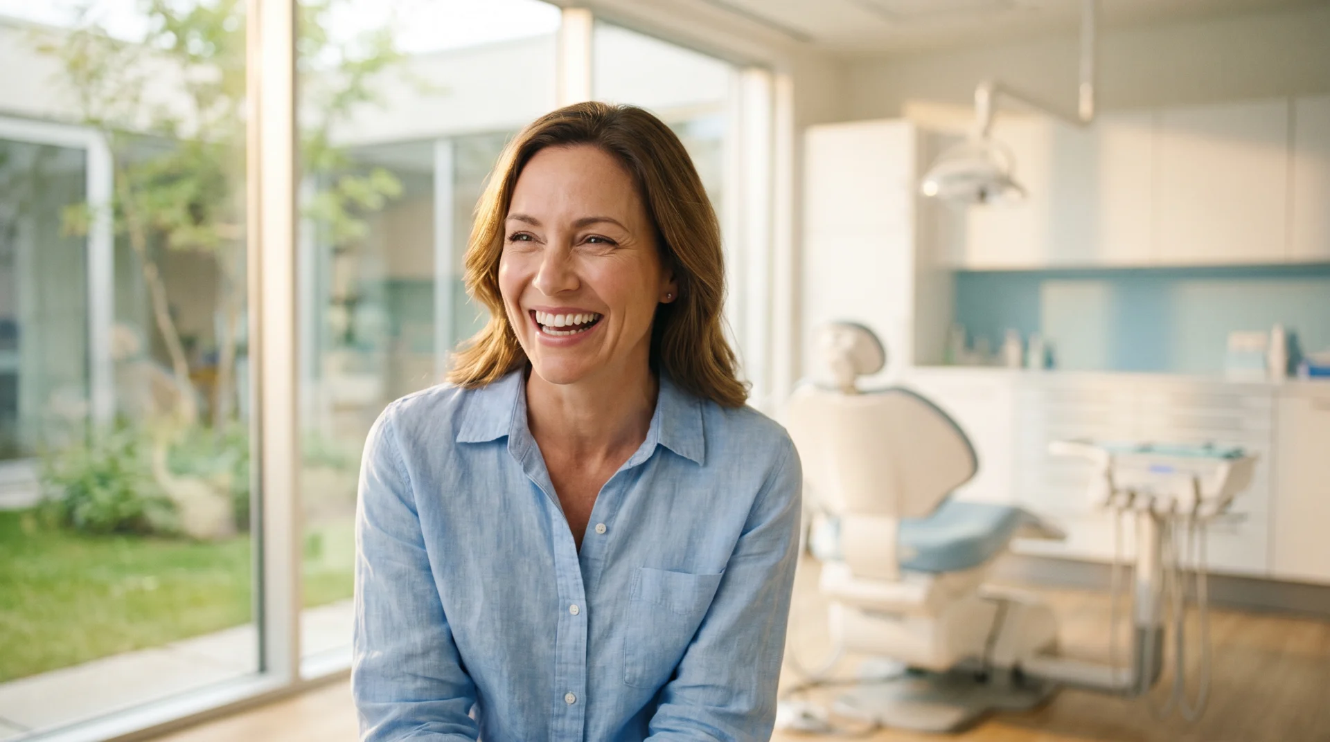 Woman with a bright white smile after professional teeth whitening in South Florida